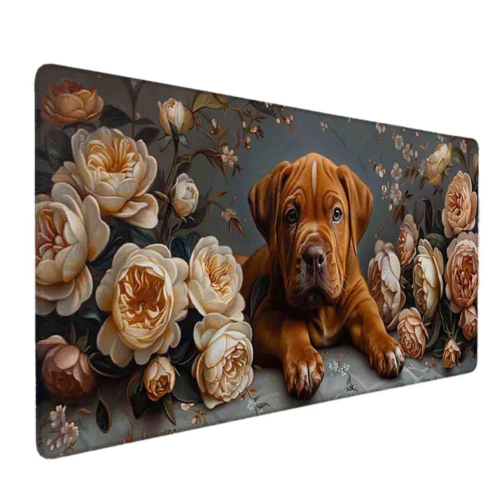 Mauspad 1000 x 500 Blume Mauspad Hund Schreibtischunterlage mit Genähten Kanten Rutschfester Mousepad XXL, Tischunterlage Schreibtisch für PC, Maus und Tastatur, Home Office, Gaming Zubehör l5877