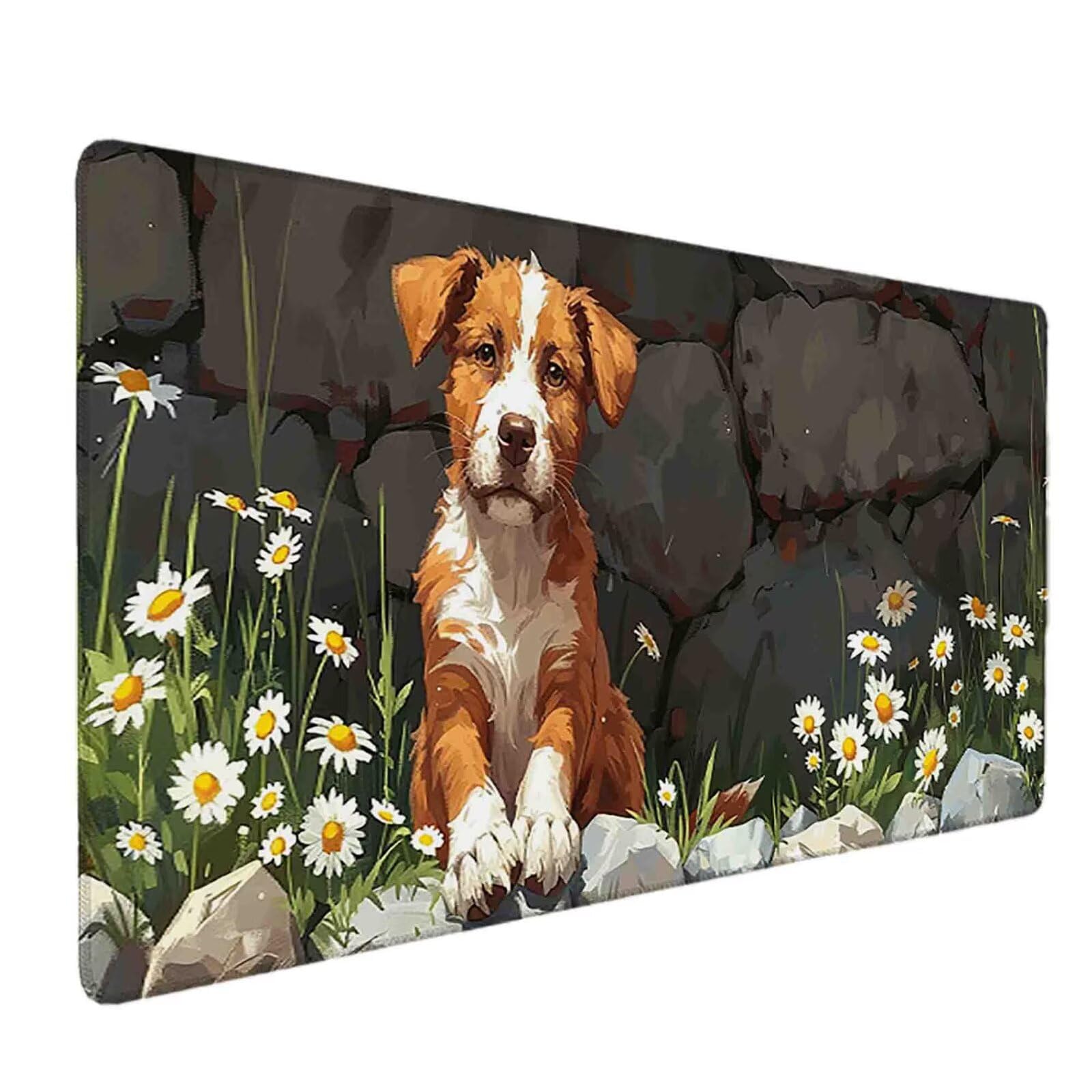 Mauspad 1200 x 600 Hund Mauspad Blume Schreibtischunterlage mit Genähten Kanten Rutschfester Mousepad XXL, Tischunterlage Schreibtisch für PC, Maus und Tastatur, Home Office, Gaming Zubehör g5885
