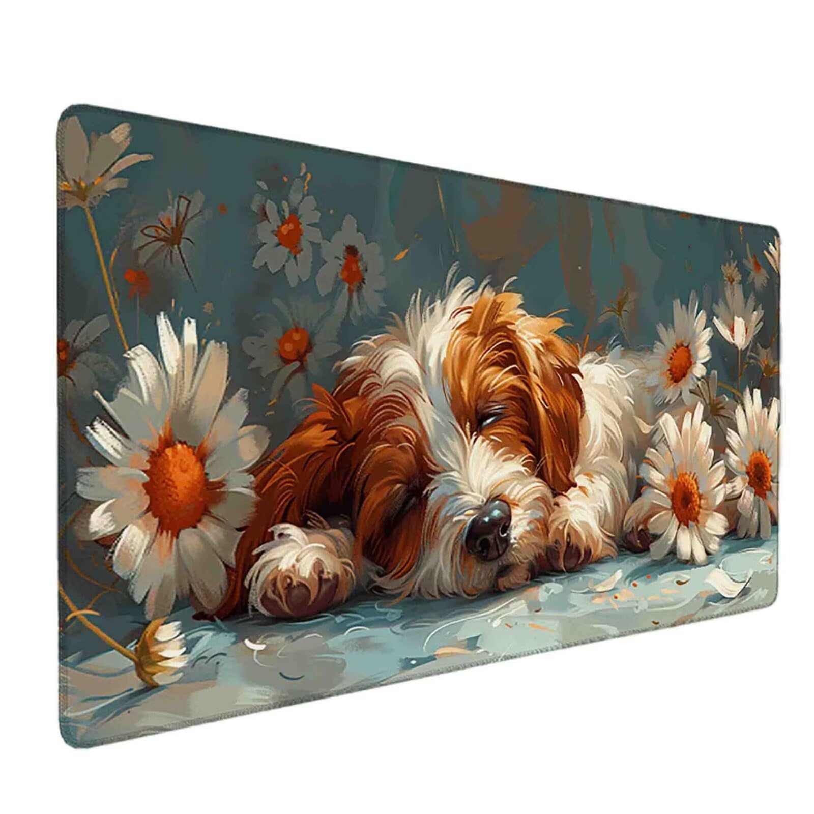 Mauspad 1200 x 600 Hund Mauspad Blume Schreibtischunterlage mit Genähten Kanten Rutschfester Mousepad XXL, Tischunterlage Schreibtisch für PC, Maus und Tastatur, Home Office, Gaming Zubehör e5871