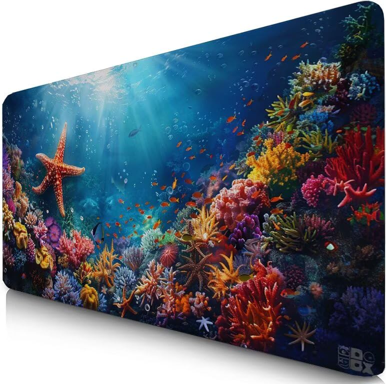 Schreibtischunterlage Blau Mauspad XXL 120x60cm Mousepad Seestern Gaming Mauspad mit Nicht rutschender Unterlage, Vernähte Kanten WassXerdicht Anti-Rutsch Maus Pad für PC, Office Geschenke F0-1181