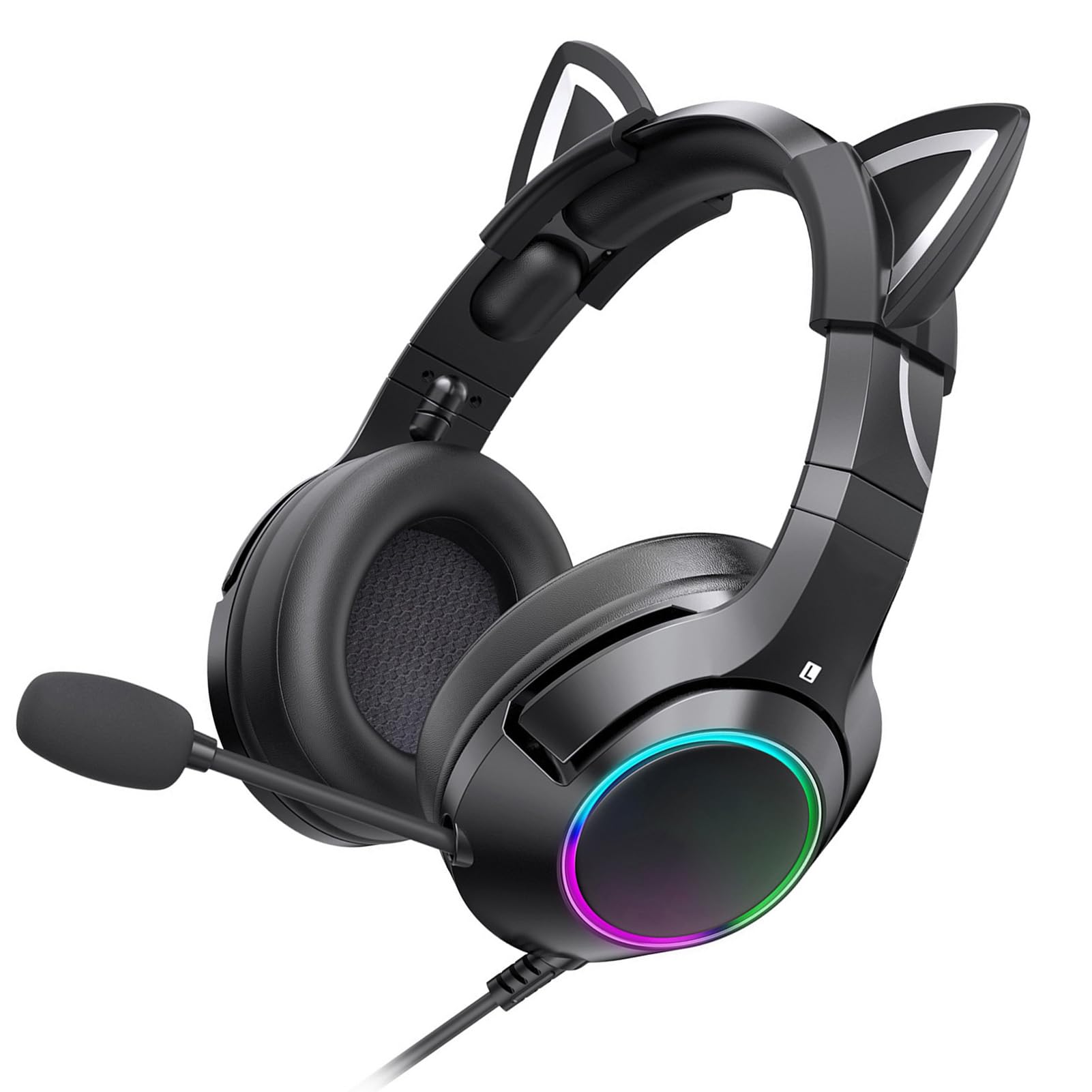 Katzenohr-Headset, RGB, Verstellbares Stirnband, Abnehmbares Mikrofon, Mädchen-Spielkopfhörer, Stereo-Sound für Gaming, Material: ABS-Draht (Schwarzer 3,5-mm-Rundlochstopfen)