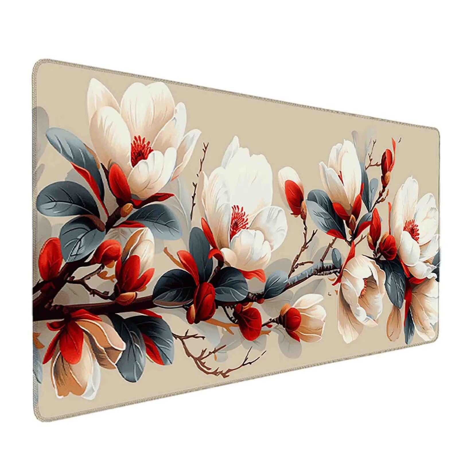 Mauspad 1200 x 600 Creme Mauspad Blume Schreibtischunterlage mit Genähten Kanten Rutschfester Mousepad XXL, Tischunterlage Schreibtisch für PC, Maus und Tastatur, Home Office, Gaming Zubehör c7215