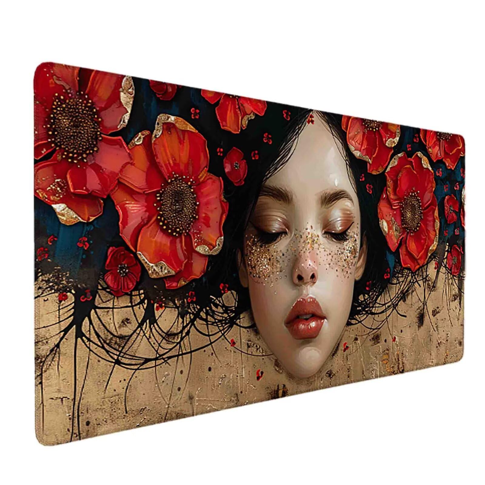 Mauspad 1200 x 600 Blume Mauspad Frau Schreibtischunterlage mit Genähten Kanten Rutschfester Mousepad XXL, Tischunterlage Schreibtisch für PC, Maus und Tastatur, Home Office, Gaming Zubehör e6879
