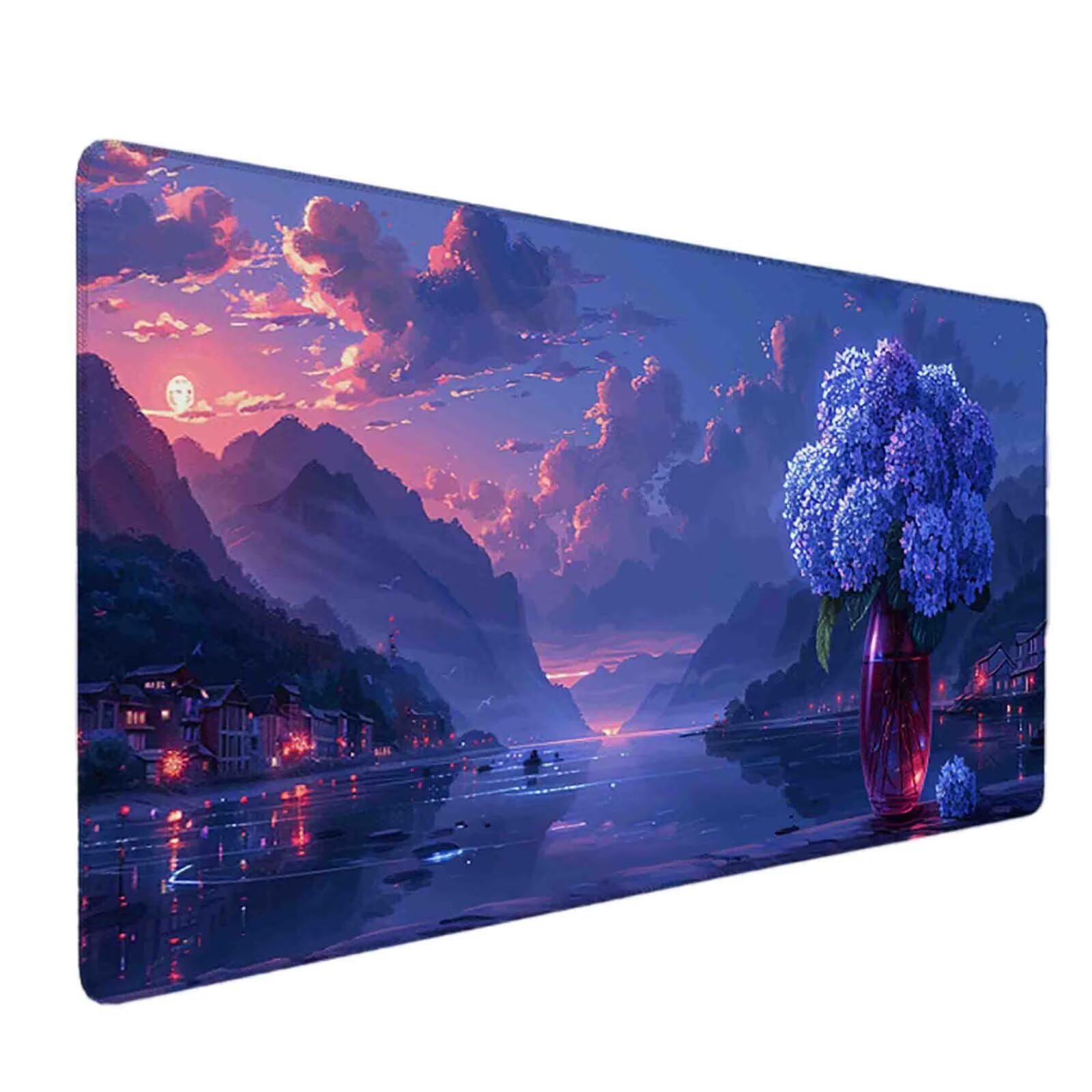 Mauspad 1200 x 600 Lila Mauspad Landschaft Schreibtischunterlage mit Genähten Kanten Rutschfester Mousepad XXL, Tischunterlage Schreibtisch für PC, Maus und Tastatur, Home Office, Gaming Zubehör c6774