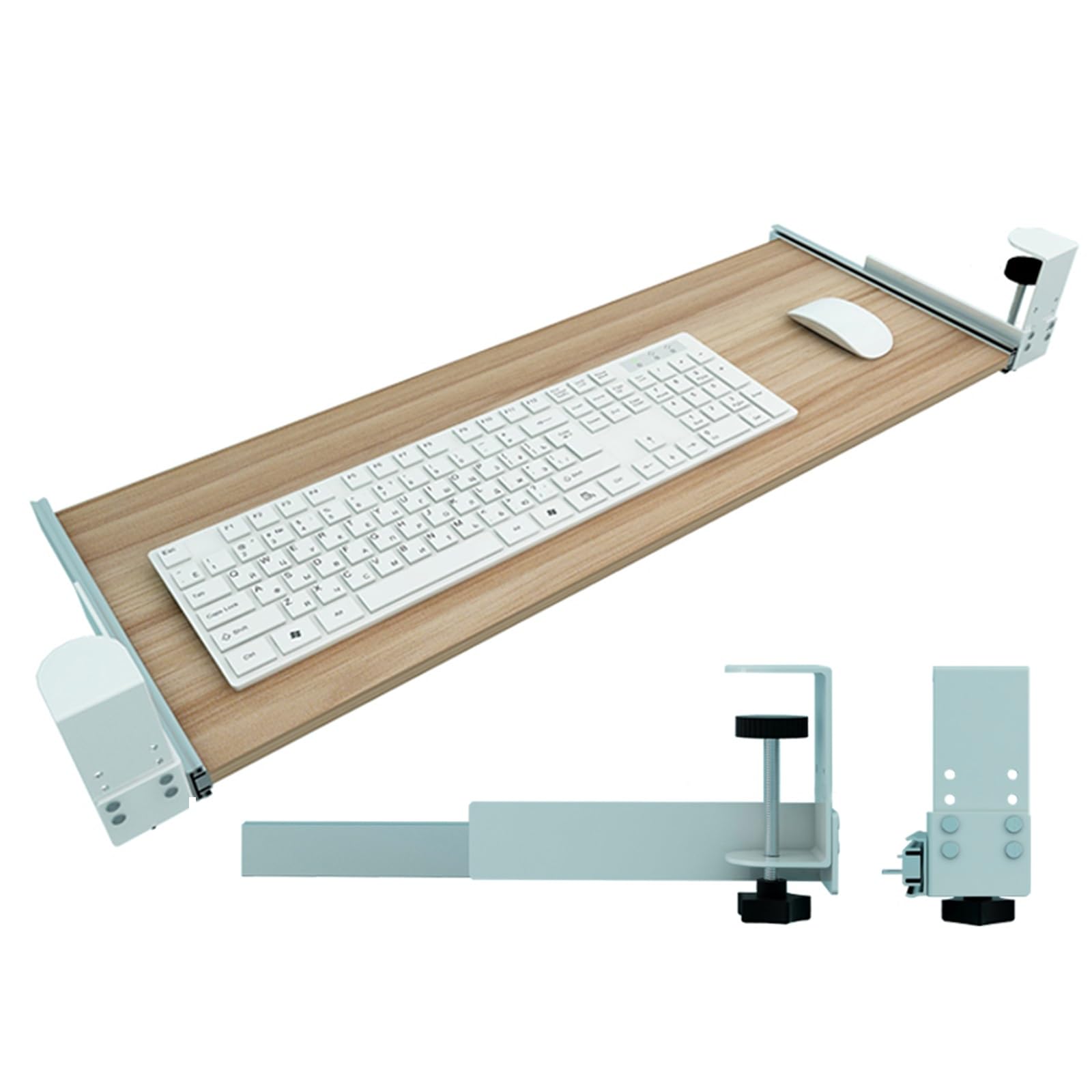 Verstellbare Tastaturablage aus Holz, 55 x 75 cm, unter dem Schreibtisch, mit Klemme, extra Sto-Maus-Plattformen & Stützen, perfekt für Heimbüro und Gaming-Setup