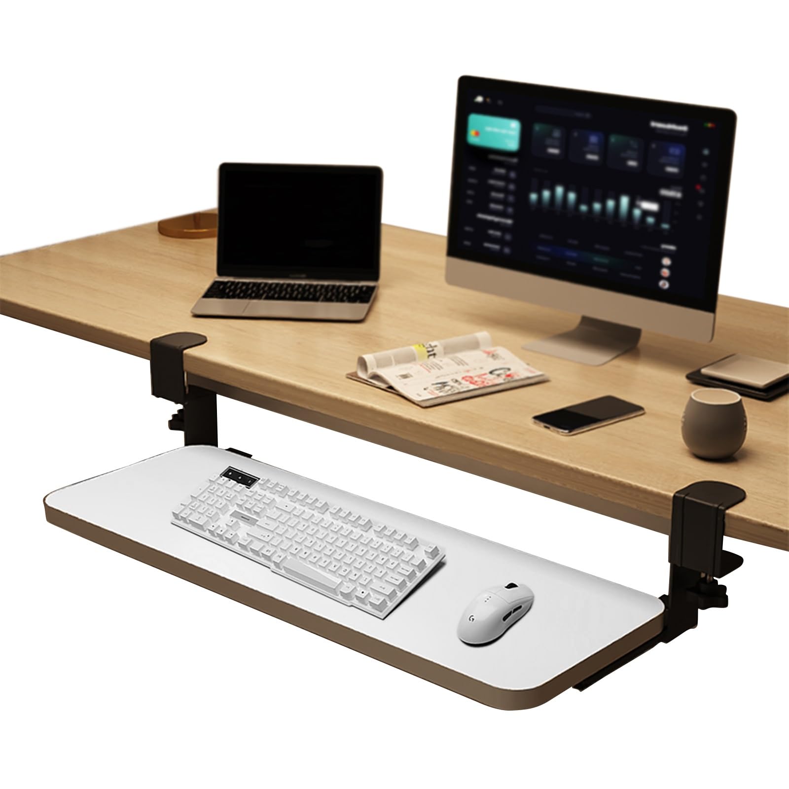 Benutzerdefinierte mechanische Tastatur-Tastenkappen-Set für den Schreibtisch, unter der Montage, Schiebetastaturablage mit ausziehbarer Ablage und Maus, 75 x 24 cm, Weiß, perfekt für Gaming und Home