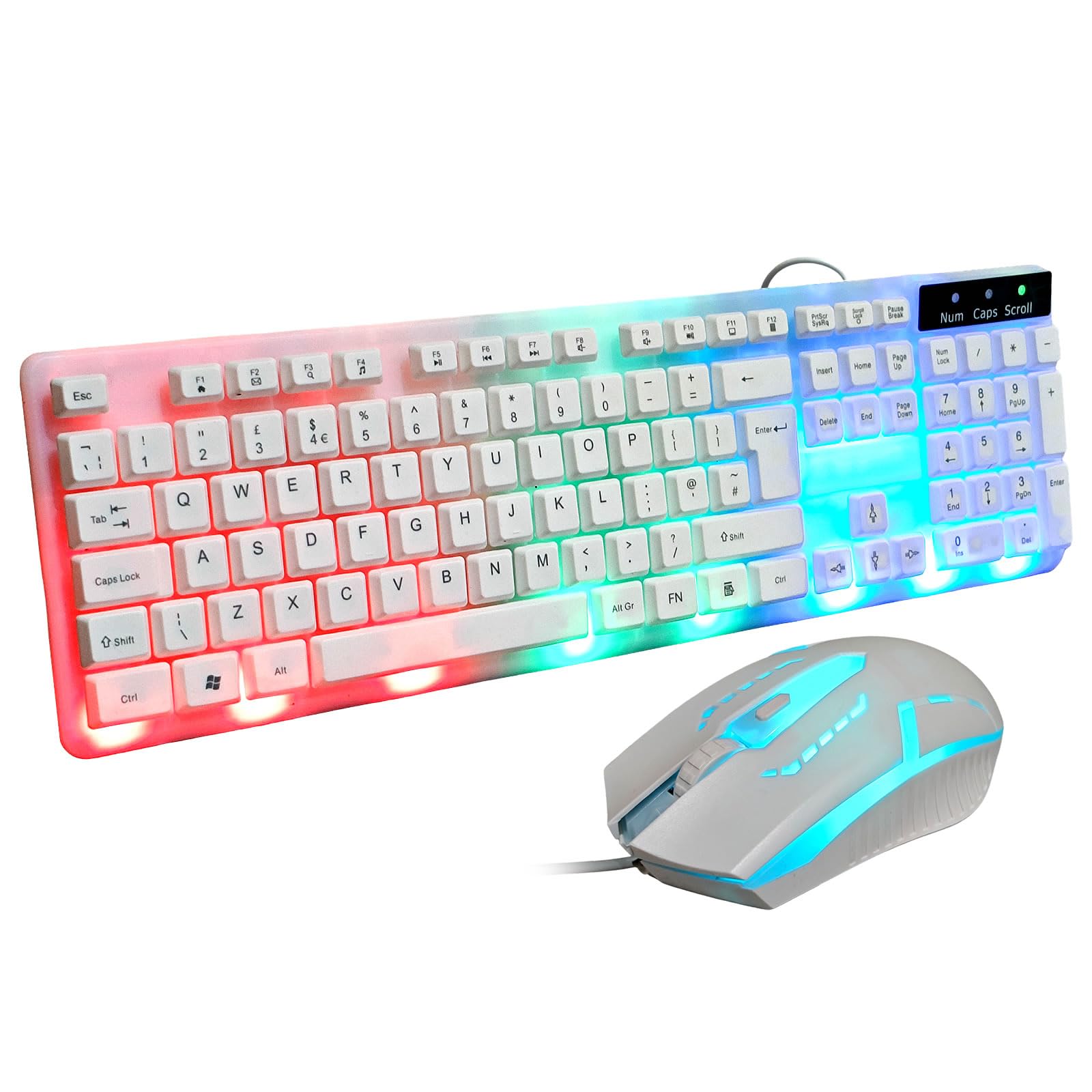 JUSTOP Weißes USB-Tastatur- und Maus-Set, leuchtende LED-Lichter, schlanke Tastatur in voller Größe, LED-Gaming-Maus, Spiel oder Business, UK-Layout, für PC, Laptop, Windows und Mac, PS4, PS5, Xbox