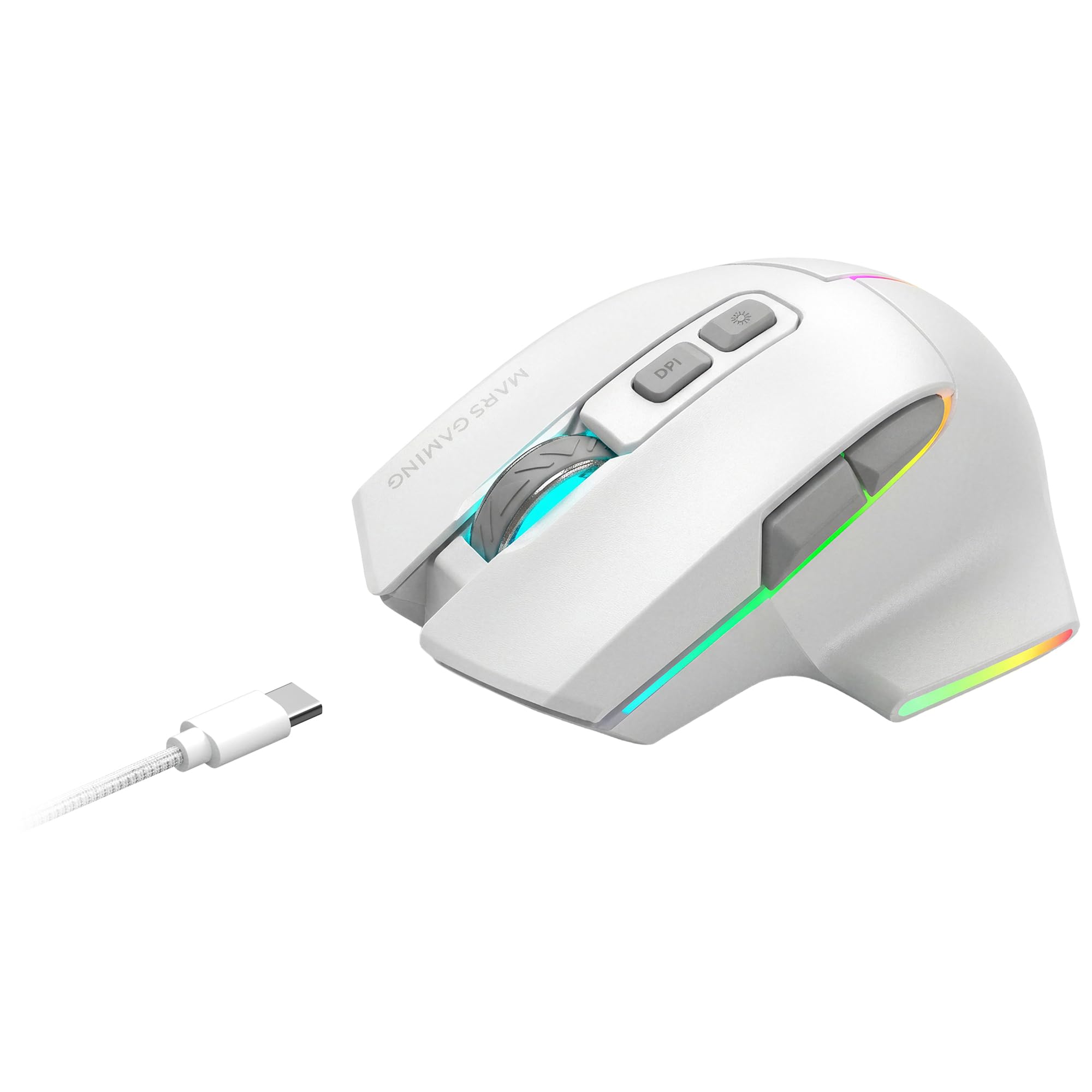 Mars Gaming MMW-Vector, Kabellose Tri-Mode-Gaming-Maus, Bluetooth 5.4 + 2.4GPRO + USB-C-Kabel, Optischer Sensor 12000 DPI, HUANO Schalter, RGB Chroma, 70h Akkulaufzeit, Steuerungssoftware, Weiß