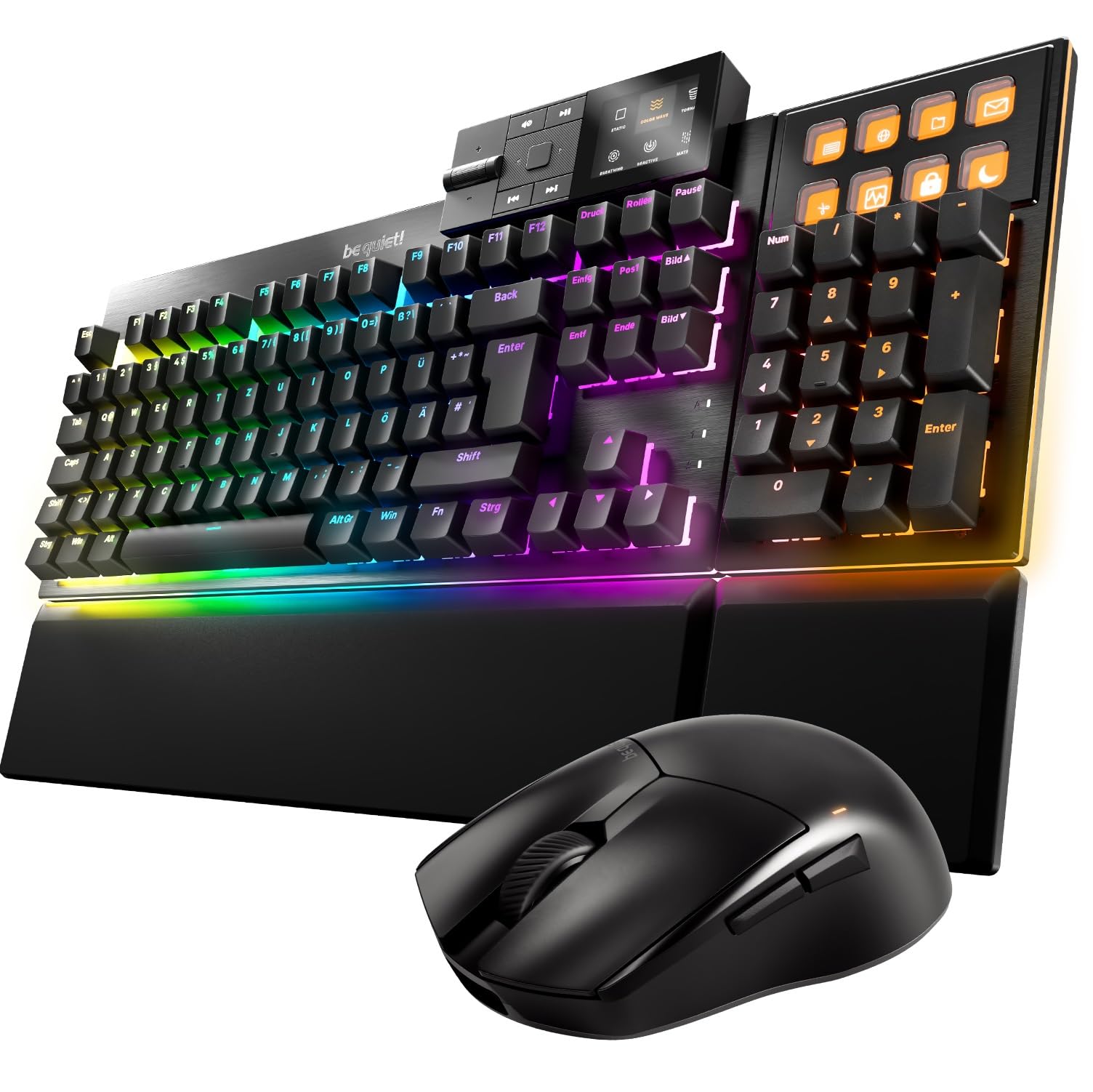 be quiet! Dark Mount Mechanische Tastatur und Dark Perk Ergo Wireless Gaming Maus-Bundle, Hot-Swap Numpad, Display Tasten, Leise Lineare Switches, 32.000 DPI-Sensor, Bis zu 110 Stunden Akkulaufzeit