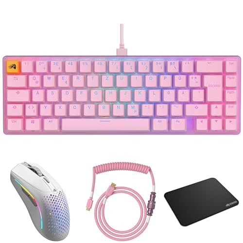 GLORIOUS GMMK 2 65% Gaming Tastatur (DE, Rosa) + Model O 2 Mini Wireless Maus (Weiß) + Coiled Cable (Pixel Pink) + GMP 2 M Mauspad, Streamer Edition