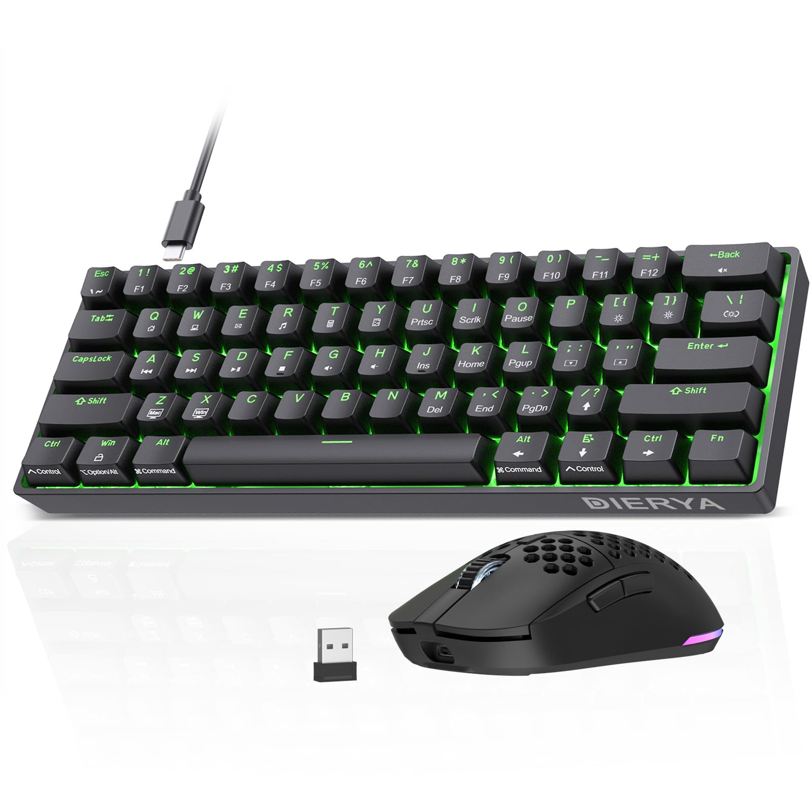 Dierya DK61se 60% Gaming Tastatur (Red Linear Switch, Anti-Ghosting, USB-C, US-Layout, schwarz) + M1 Wireless Maus (24k DPI, 90g, 6 Tasten, RGB, 180h Akku, 2.4G/BT/USB-C, schwarz) für PC Windows