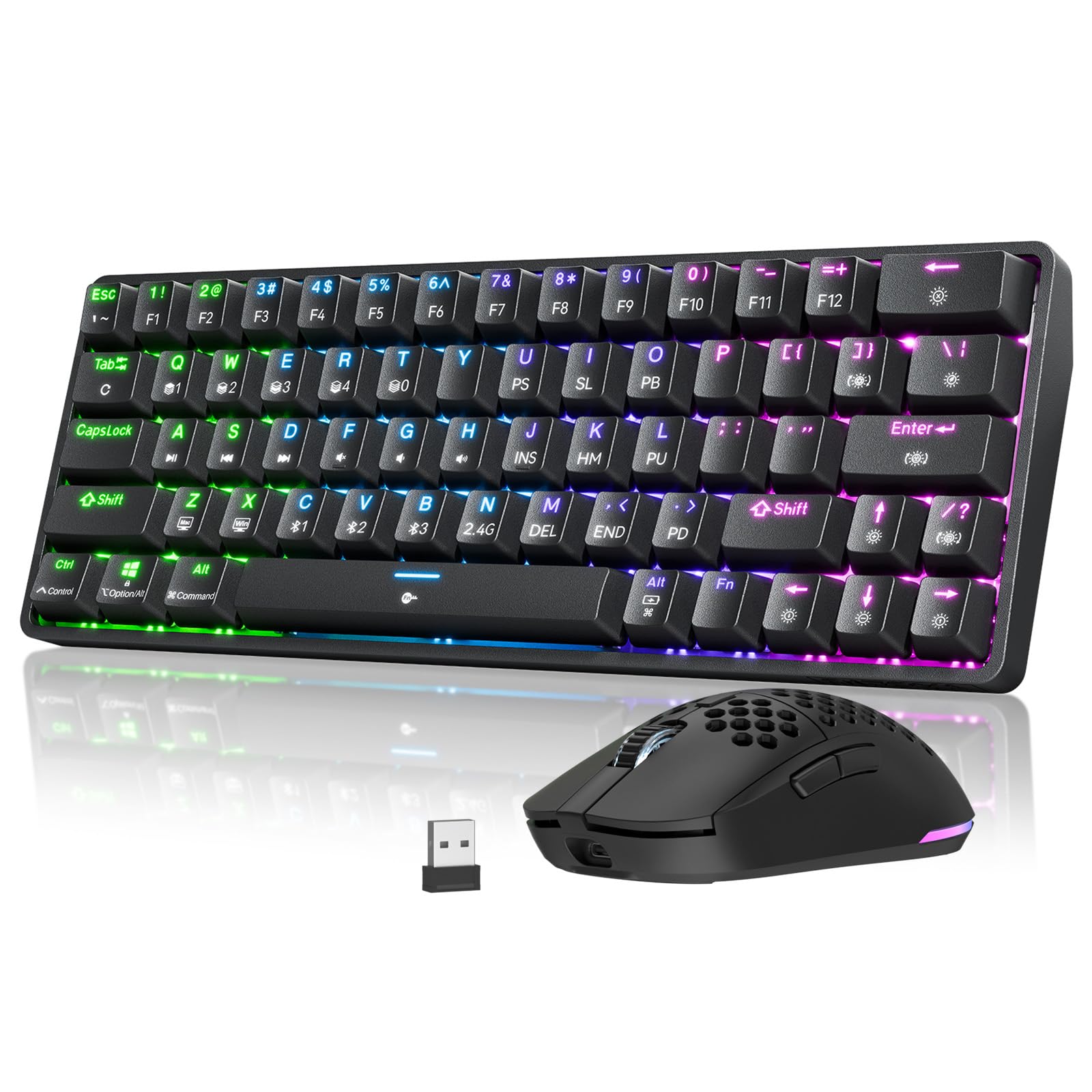 Dierya DK63 60% Kabellose Mechanische Tastatur (Red Switch, RGB, Schwarz) + M1 Kabellose Gaming Maus (24k DPI, 90g, 6 Tasten, 180h, Schwarz) für PC