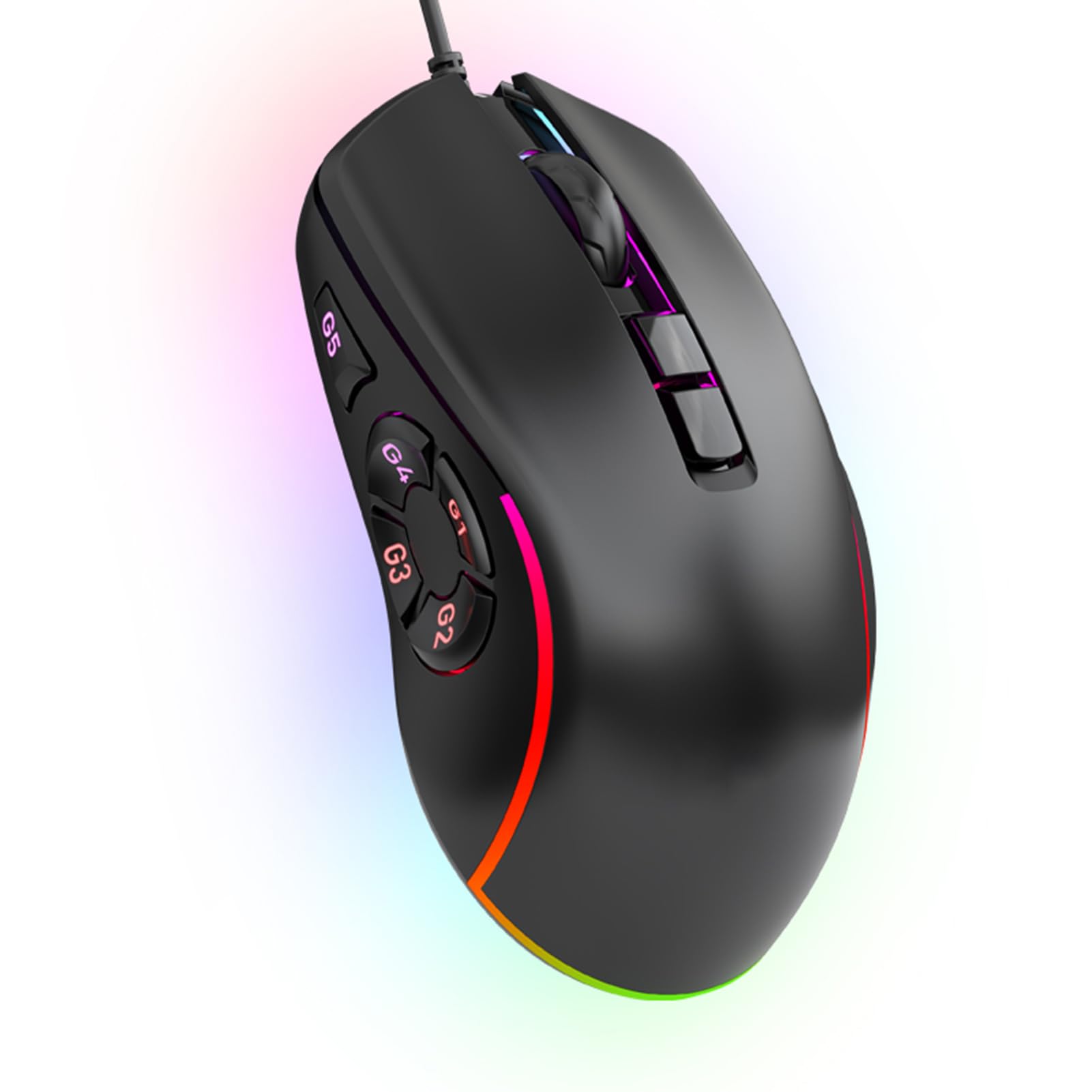 Kabelgebundene Gaming-Maus, 10 Makroprogrammierbare Tasten, 6 DPI-Stufen (800–12800), 14 Dynamische RGB-Effekte, Geflochtenes Kabel für PC-Laptop-Gaming