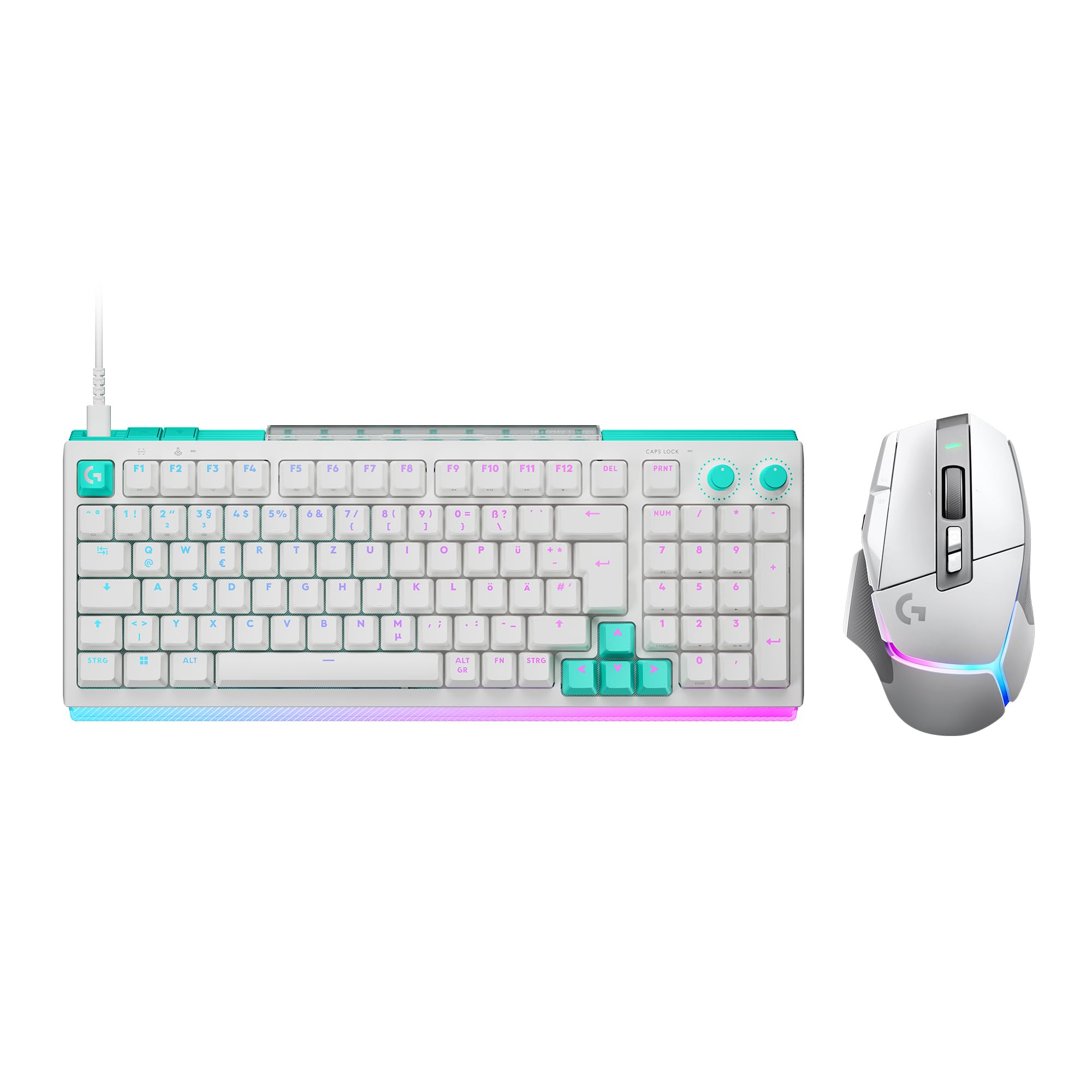 Logitech G G512 X 98–Hot-Swap-fähige TMR-analoge/mechanische Gaming-Tastatur,8K,RAPID TRIGGER,RGB, kabelgebunden+G502 X PLUS LIGHTSPEED kabellose RGB-Gaming-Maus,HERO 25K Sensor,PC/Mac,DEU QWERTZ-Weiß