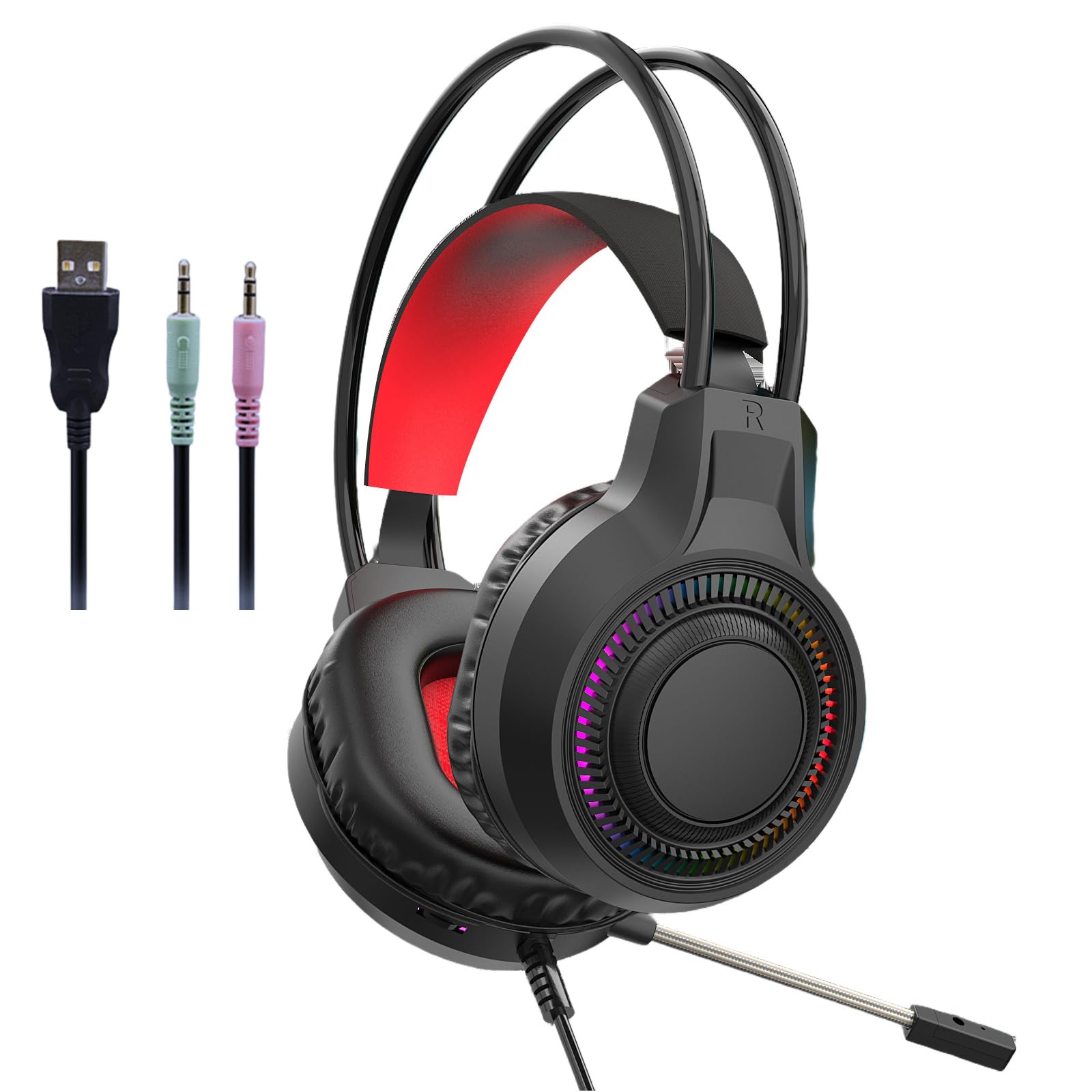 Ear Headset mit RGB Beleuchtung, 40 mm verstärkter Bass, abnehmbares Mikrofon, weiche Memory Schaum Ohrpolster, Verstellbarer Kopfbügel für Gaming, Mikrofone mit Geräuschunterdrückung