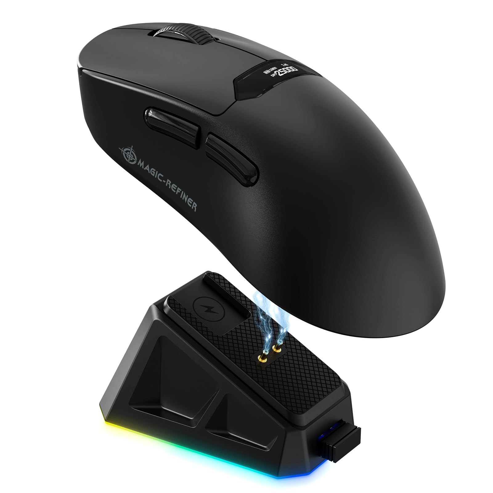 A.JAZZxMagic-Refiner R1 Gaming-Maus mit magnetischer Ladestation, OMRON-Schalter, PixArt PAW3311 Sensor, BT/2,4G Kabellos/Kabelgebunden mit Bildschirmanzeige, 25000DPI Maus für Büro und Gamer,Schwarz