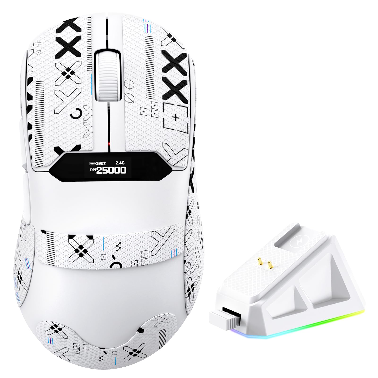MAGIC-REFINER R1 Kabellose Gaming-Maus mit RGB Magnet-Ladestation, PAW3311 Gaming-Sensor, 25000DPI, BT/2.4G Kabellos/Kabelgebunden mit Griffband, Digitalanzeige, Web-Treiber für PC/Mac-Weiß