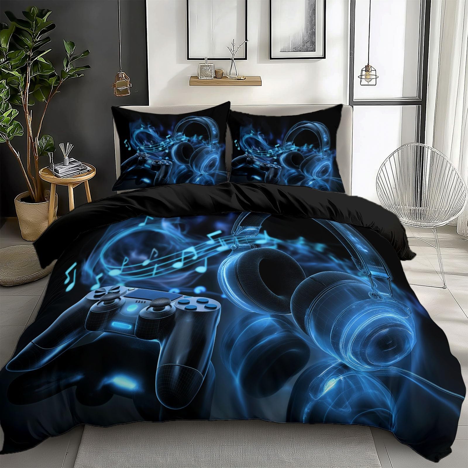 Bettwäsche 155 x 220 cm & 2 Kissenbezüge 80x80 cm, weiches Bettwäsche-Set mit Reißverschluss & Wendebettwäsche Minimalistisch Gaming Headset Musiknote Schwarz, bügelfrei und hautfreundlich für Kinder