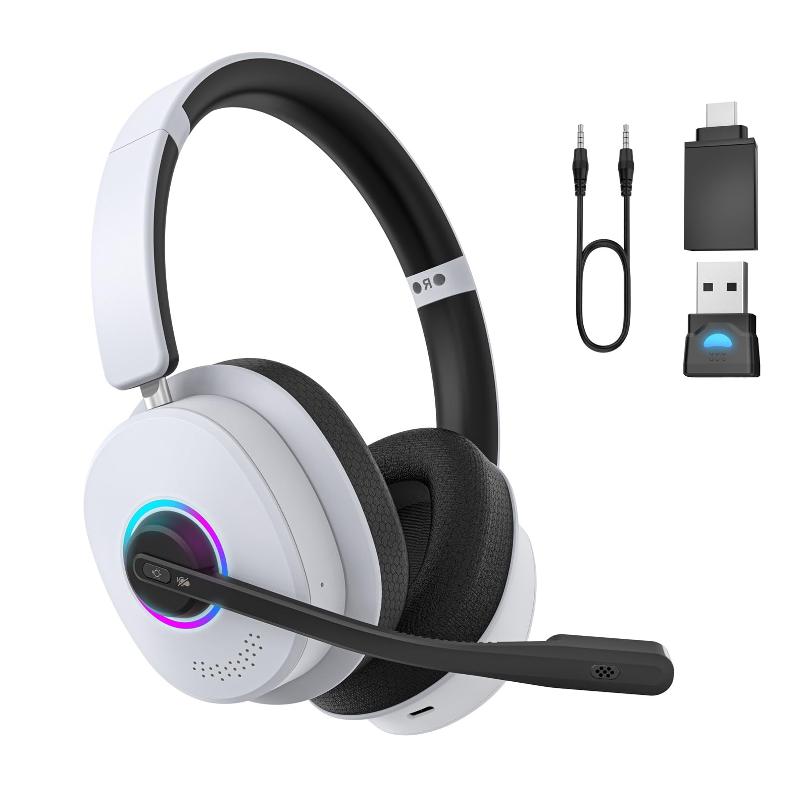 Wireless Gaming Headset, 2.4GHz Bluetooth 6.0 Headset mit Mikrofon für PS5, PS4, PC, Switch, Gaming Kopfhörer Kabellos USB Dongle, Geringe Latenz Noise Cancelling, mit RGB LED Licht, MFB Call Mute