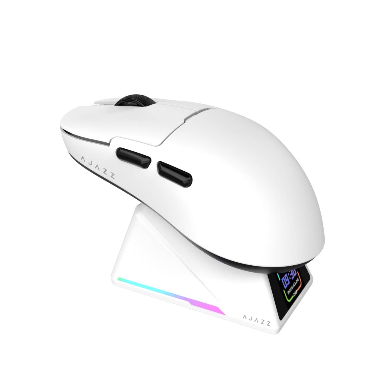 A.JAZZ AJ159PMCPRO Kabellose Gaming-Maus mit RGB-Ladedock, 57g Superlight, Tri-Mode Bluetooth/2.4G/USB-Kabel, Optischer PixArt PAW3311 Sensor mit 24.000 DPI – für PC/Mac/Win11/PS - Weiß