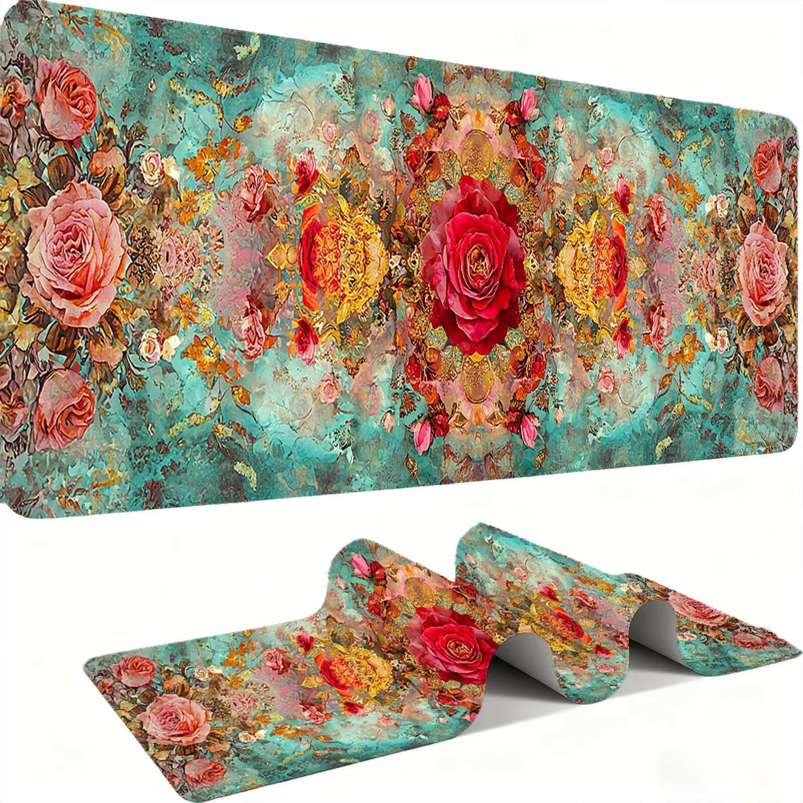 Mauspad, Mousepad XXL 1500 x 800 mm Großes Schreibtischunterlage Rote Blumen, Vernähter Rand, rutschfest Ieise Mauspad Gaming, für Gaming Büro Office Home, Mouse Pad -alle Maus Arten C0P-755