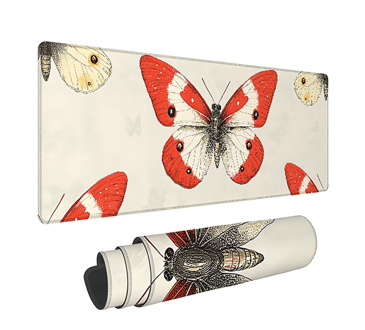 Gaming Mauspad XXL 1600x800x3mm, Schmetterling Anti-Rutsch Mousepad XXL, Beige groß Schreibtischunterlage, Waschbares rutschfeste Gummibasis, Mauspad mit Nähten an Den Kanten für PC, Maus LJ-2616