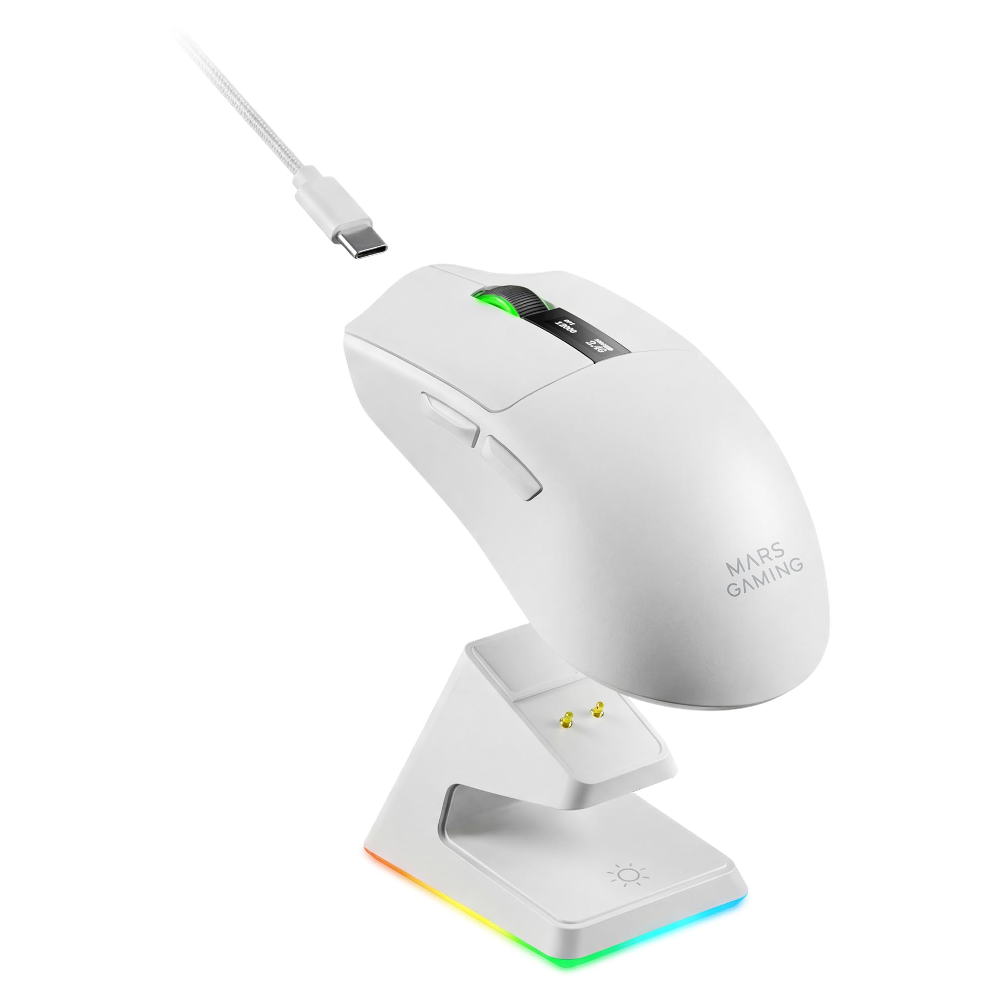 Mars Gaming MMW-Elite, Kabellose Gaming-Maus, Bluetooth 5.4 + 2.4GPRO + Kabel, Optischer Sensor PixArt PAW3311PRO 20000 DPI, Leicht 69g, 6 Tasten, OLED-Display, Magnetische RGB-Ladestation, Weiß