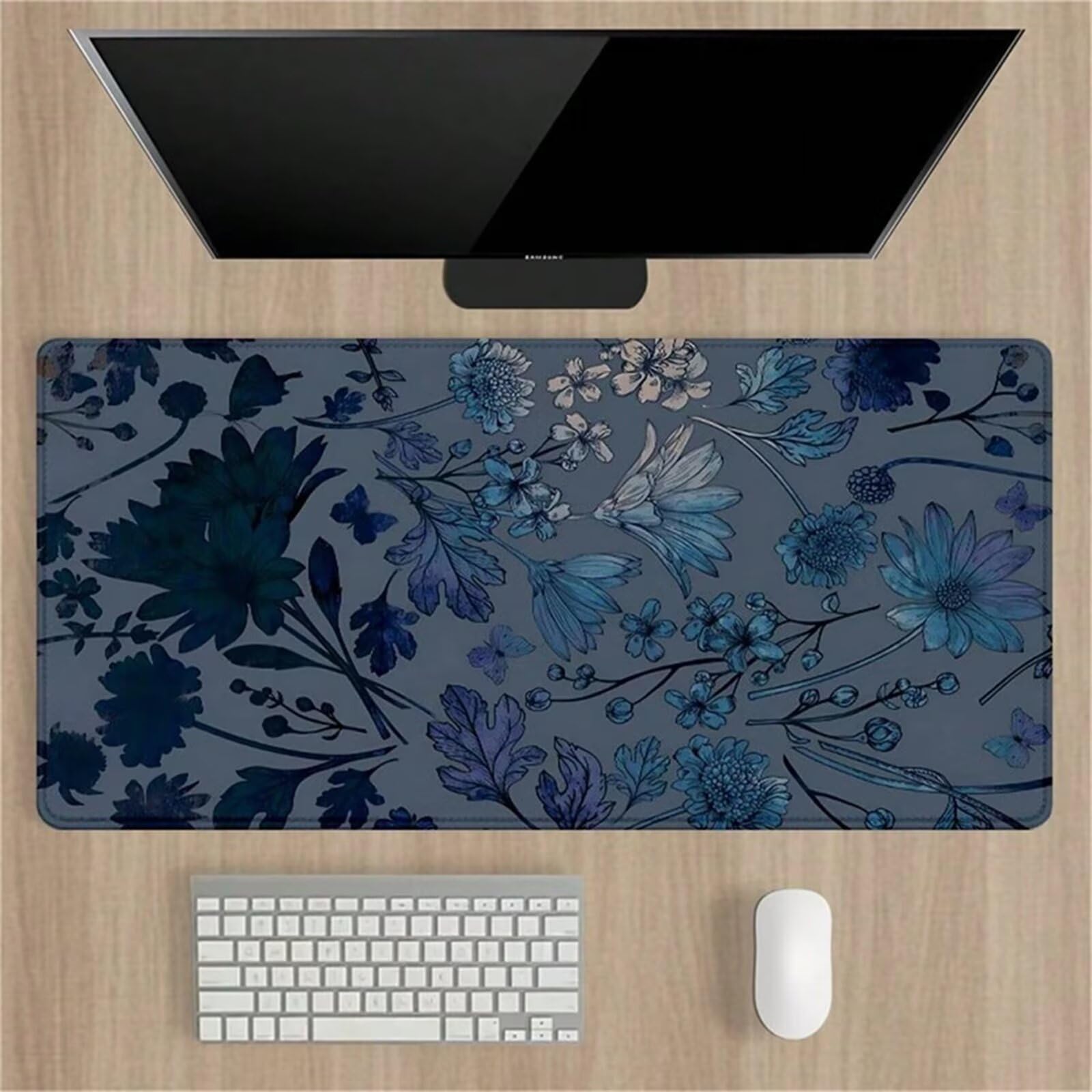 Mauspad, Mauspad mit blauem Blumenmuster, genähten Kanten und Rutschfester Unterseite for Tastatur, Maus Homeoffice, Gaming Arbeit(1200x600x2mm)