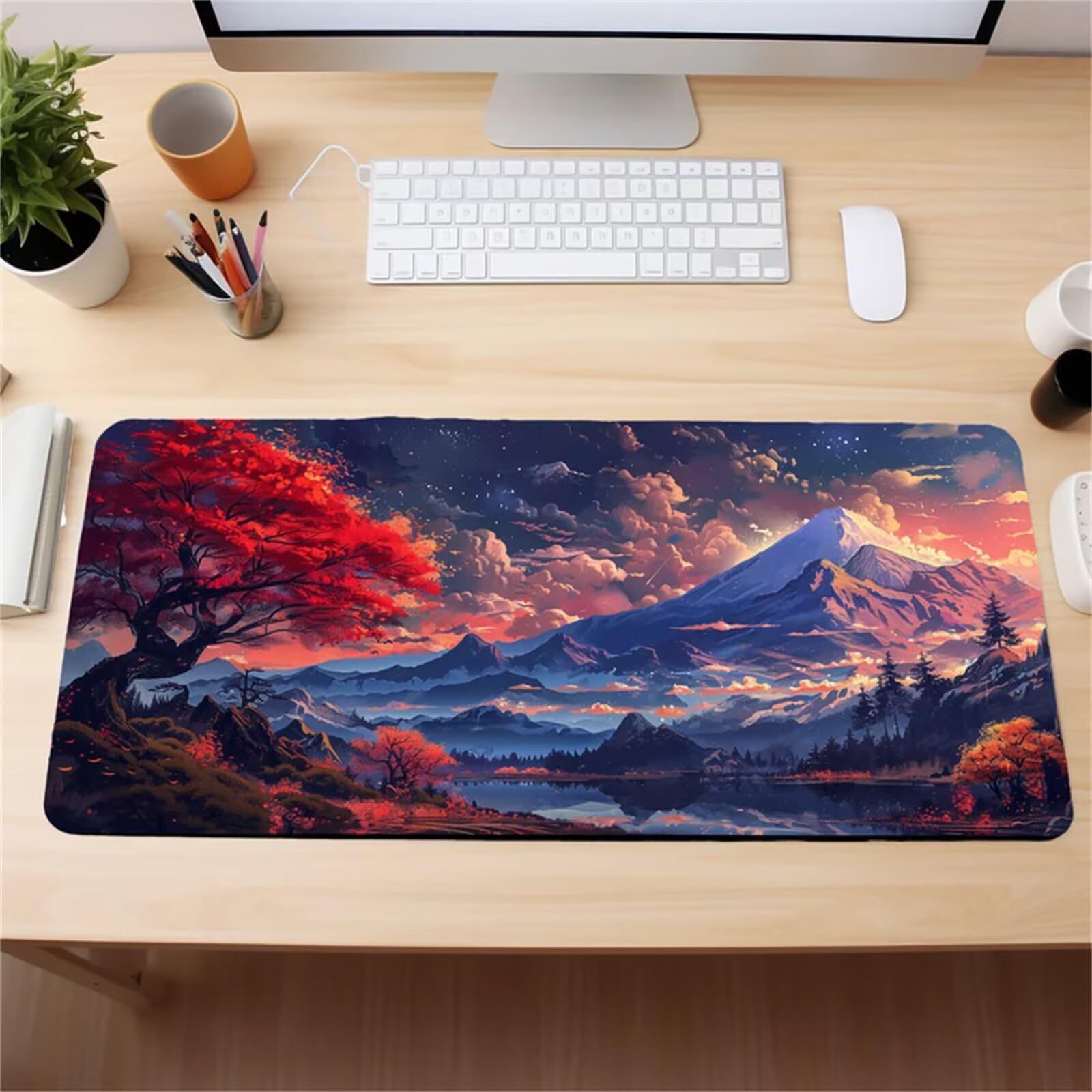 Mauspad, Landschaftsmotiv mit roten Bergen, vernähten Kanten und Rutschfester Unterseite – ideal als Maus- Tastaturpad for Homeoffice Gaming(1000x500x2mm)