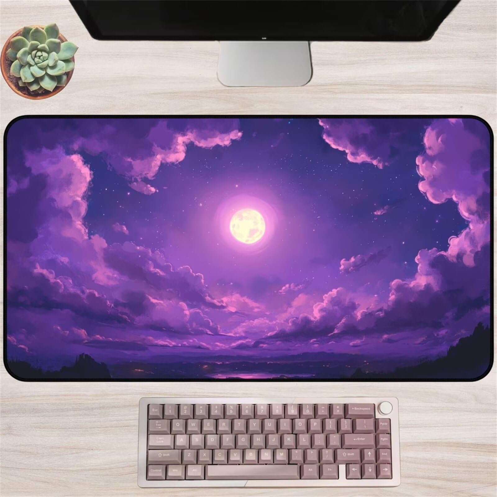 Mauspad, Lila Mondwolken-Mauspad mit genähten Kanten, Rutschfester Unterseite, ideal for Tastatur, Maus und Homeoffice, Gaming Arbeit(1200x600x2mm)