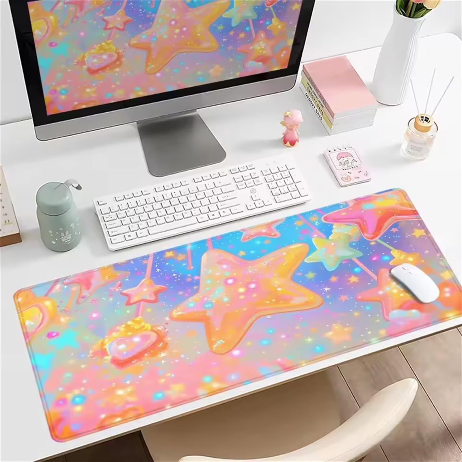 Cartoon-Süßigkeitensterne-Mauspad mit genähten Kanten, Rutschfester Unterseite, ideal for Tastatur, Maus und Homeoffice, Gaming Arbeit(1200x600x3mm)
