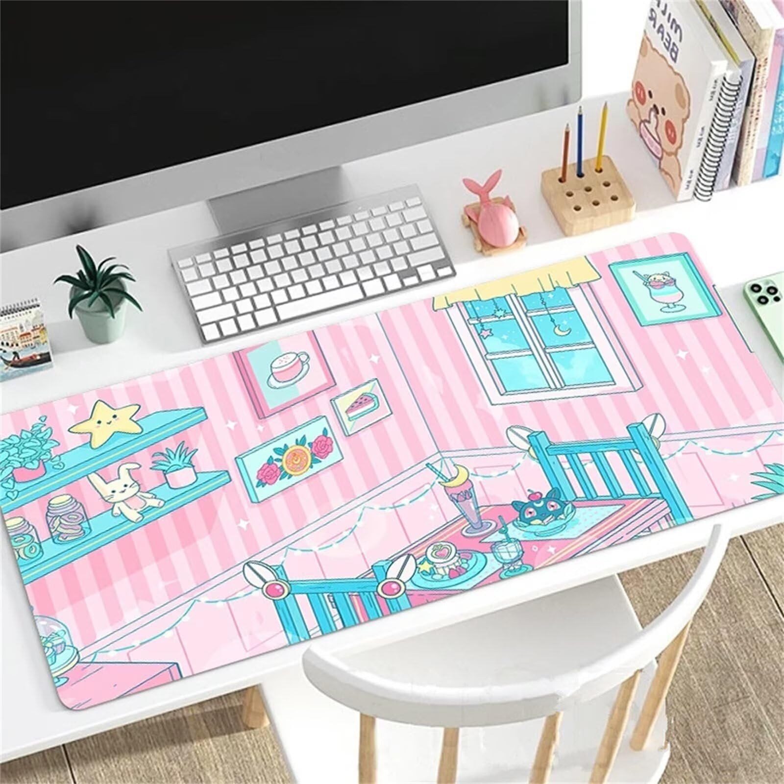 Blau-Pinke Cartoon-Mausmatte mit genähten Kanten, Rutschfester Unterseite, ideal for Tastatur, Maus und Gaming im Homeoffice(600x300x2mm)