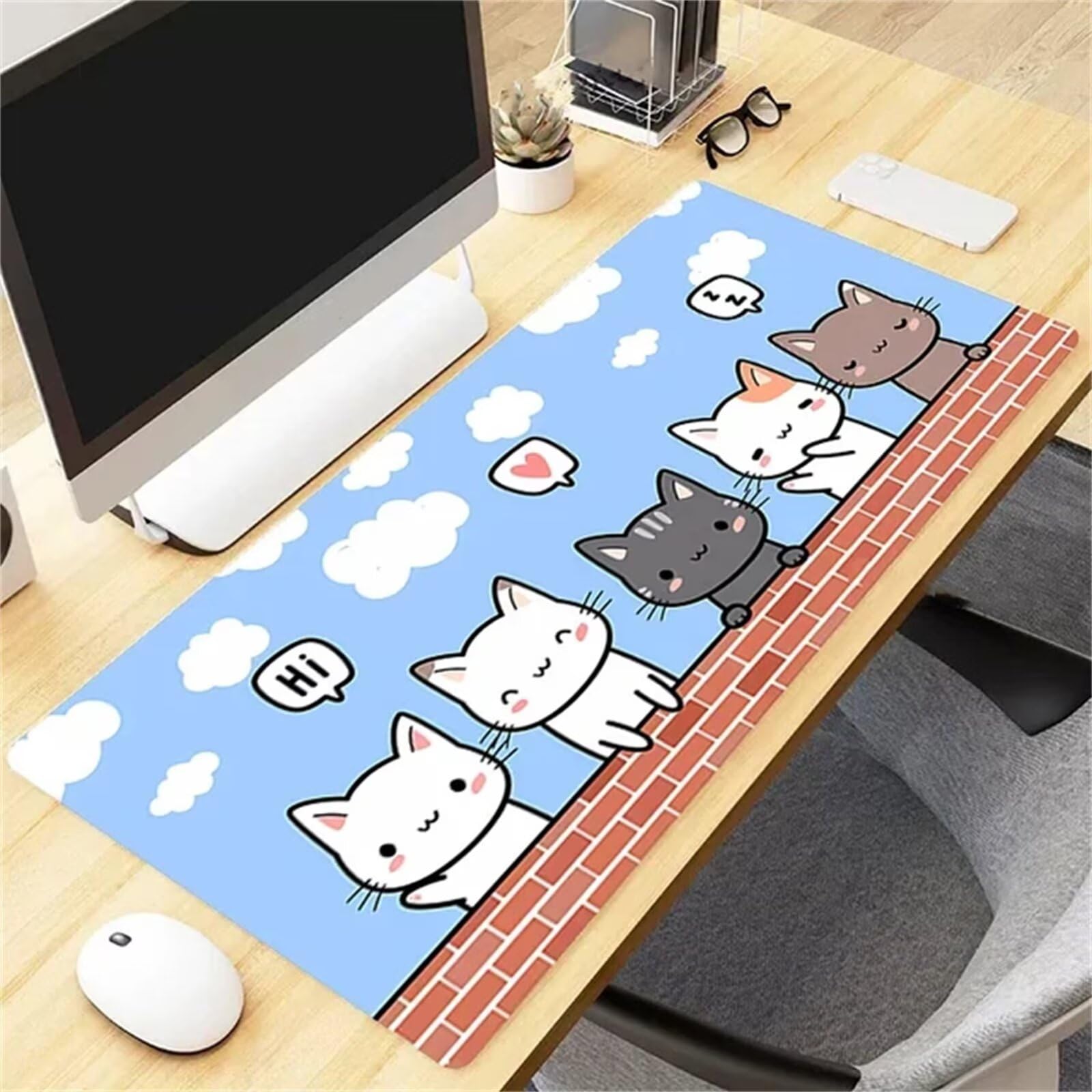 Mauspad mit Cartoon-Katzenmotiv, vernähten Kanten, Rutschfester Unterseite, ideal for Tastatur, Maus und Homeoffice, Gaming Arbeit(1200x600x3mm)