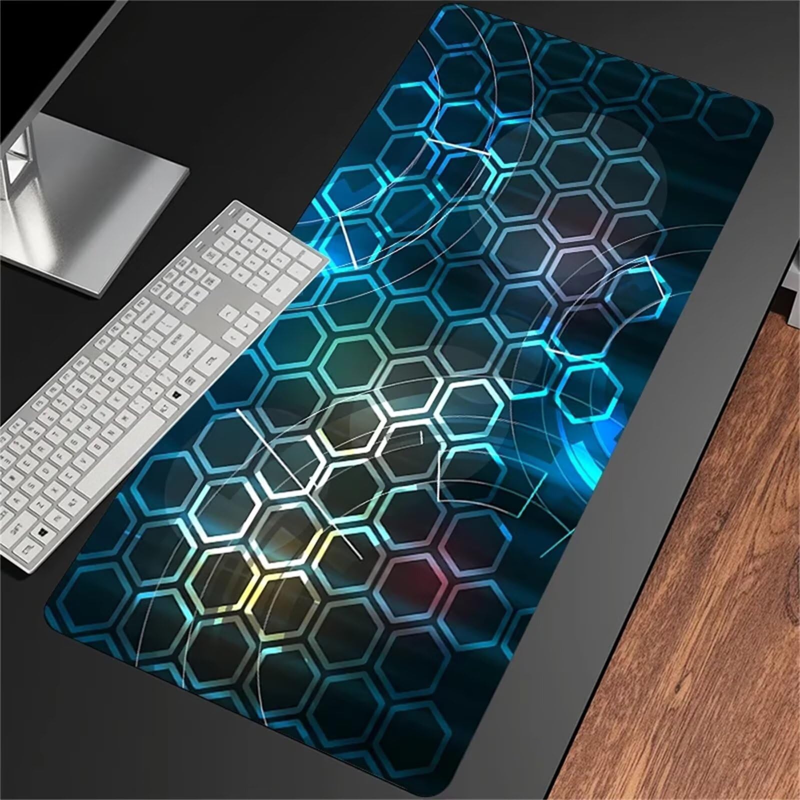 Mauspad mit blauen geometrischen Streifen, genähten Kanten und Rutschfester Unterseite for Tastatur, Maus Homeoffice, Gaming Arbeit(900x400x3mm)