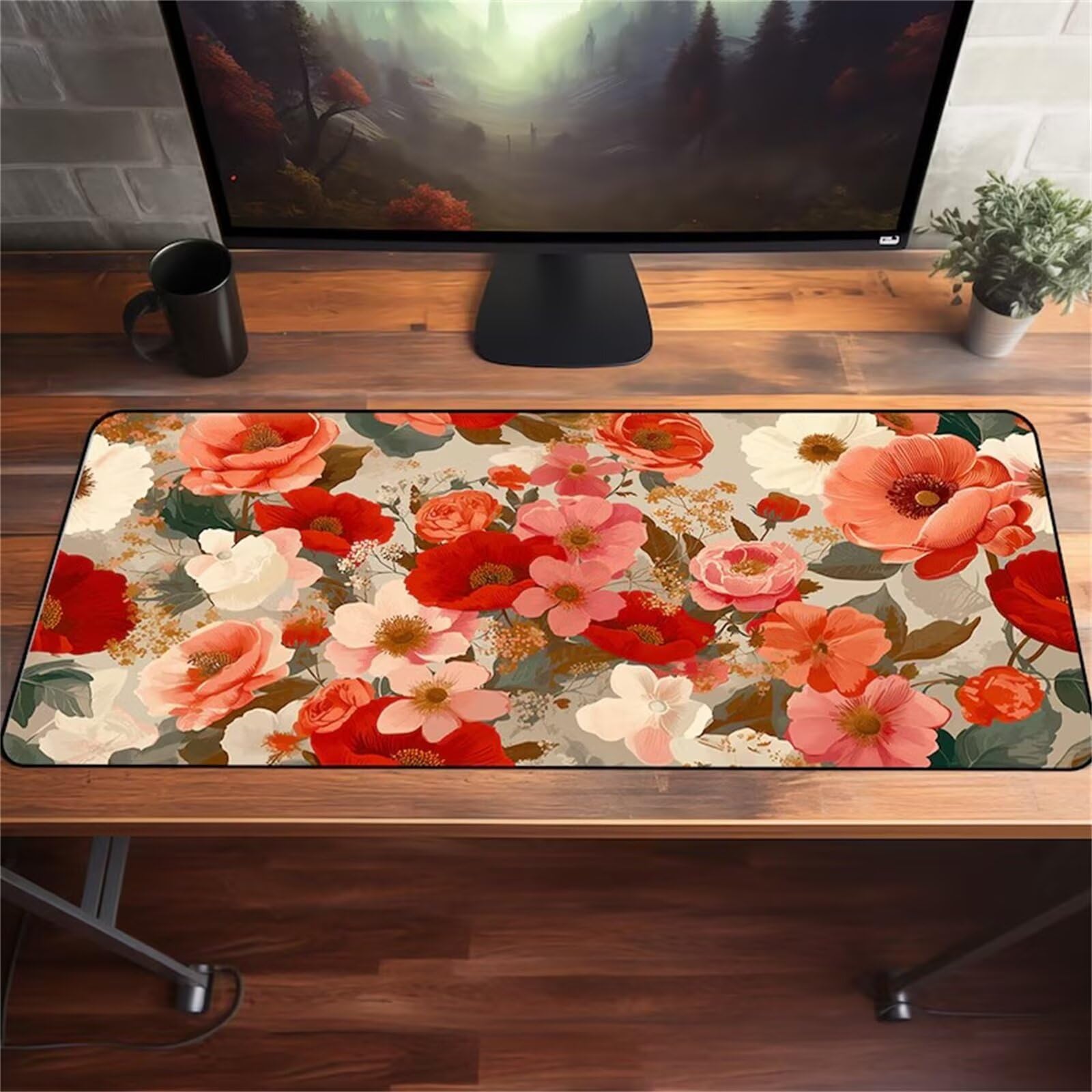Rot-beige Matte mit Blumenmuster, genähten Kanten, Rutschfester Unterseite, ideal for Tastatur, Maus und Gaming im Homeoffice(1200x600x3mm)