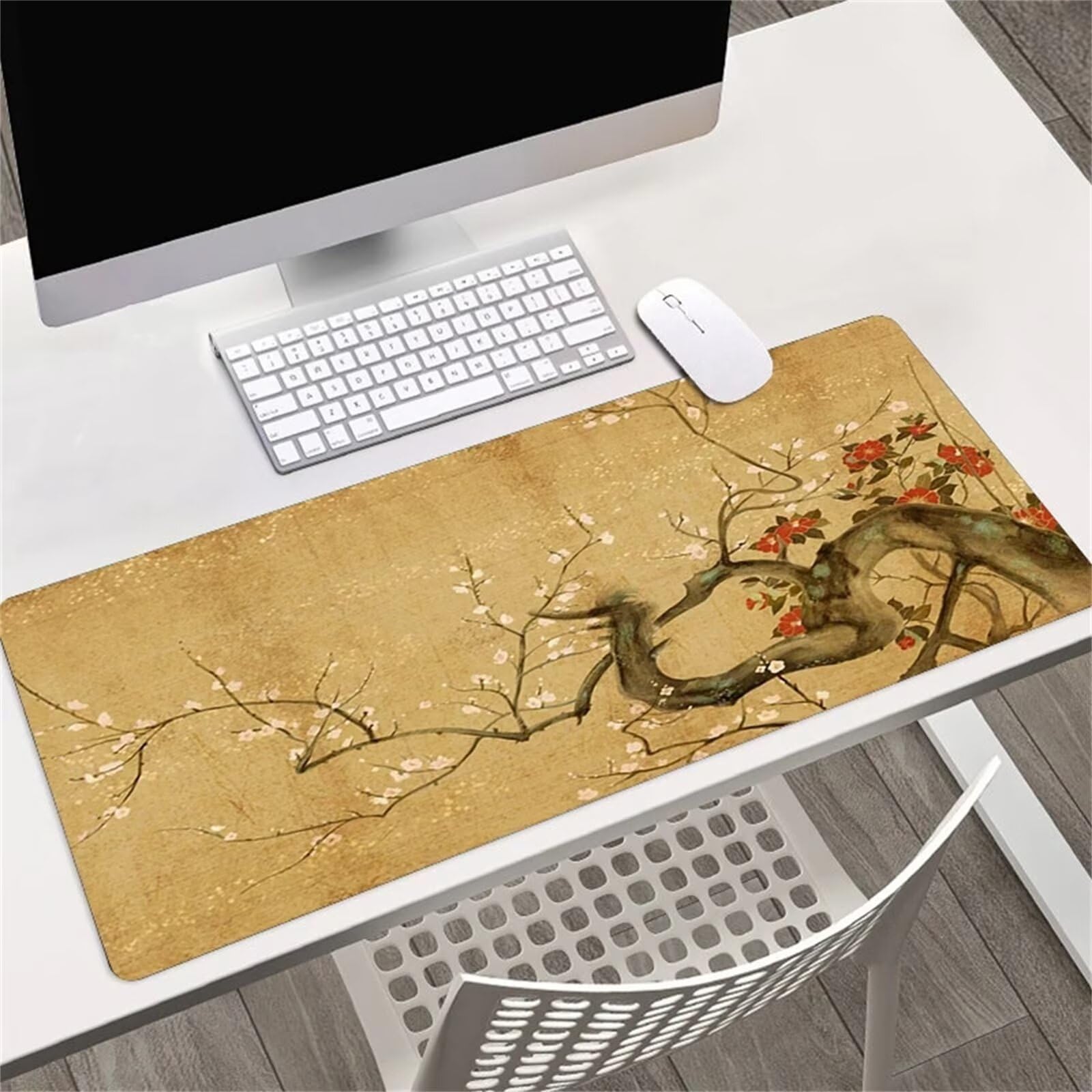 Vintage-Blumenmuster-Mauspad mit genähten Kanten, Rutschfester Unterseite, ideal for Tastatur, Maus und Homeoffice, Gaming Arbeit(1200x600x3mm)