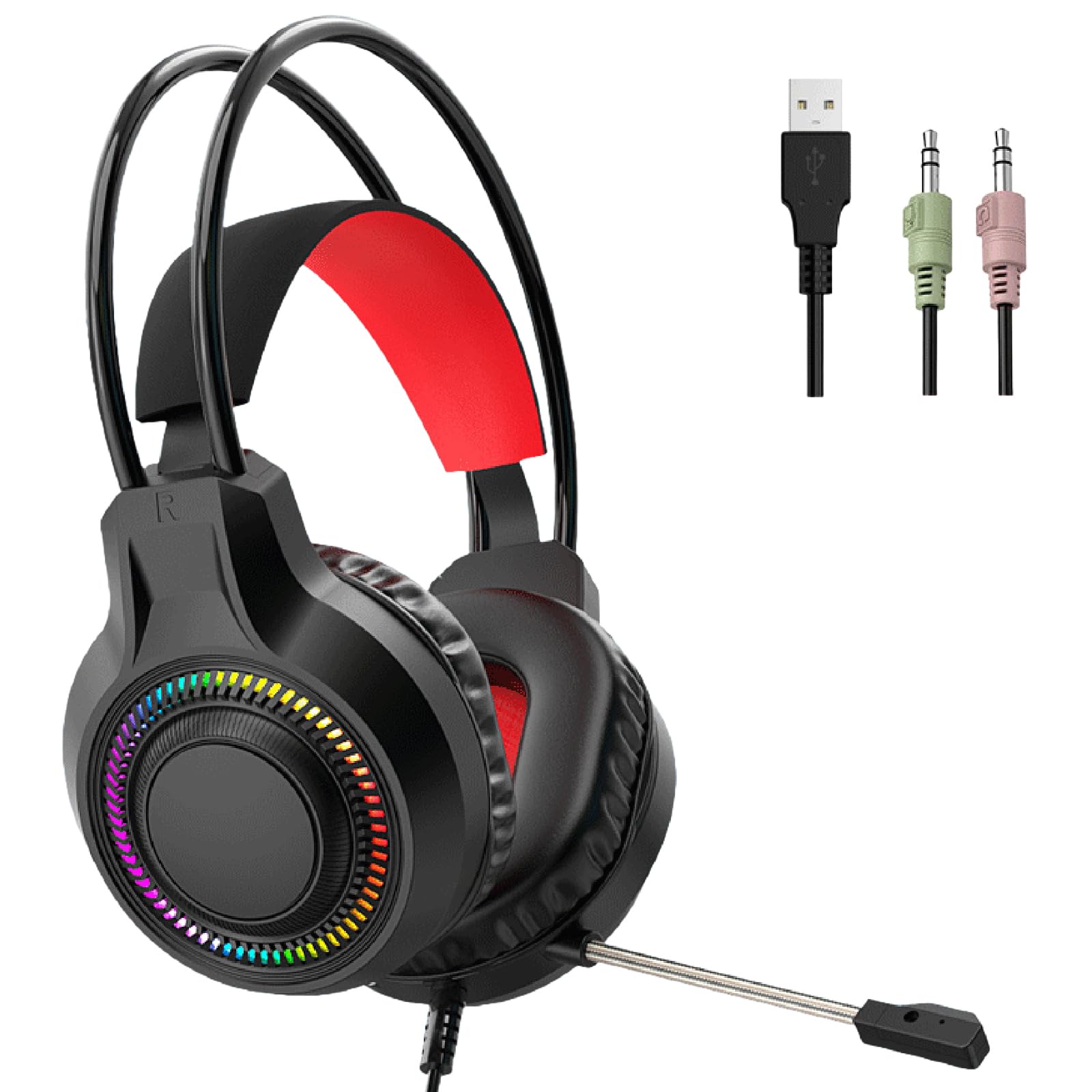 Redness Gaming-Headsets mit verbessertem Bass, geschlossener Rücken, abnehmbare Rauschunterdrückung, Mikrofone, atmungsaktive Ohrmuscheln, adaptives Kopfband für geschlossene Bass-Booster