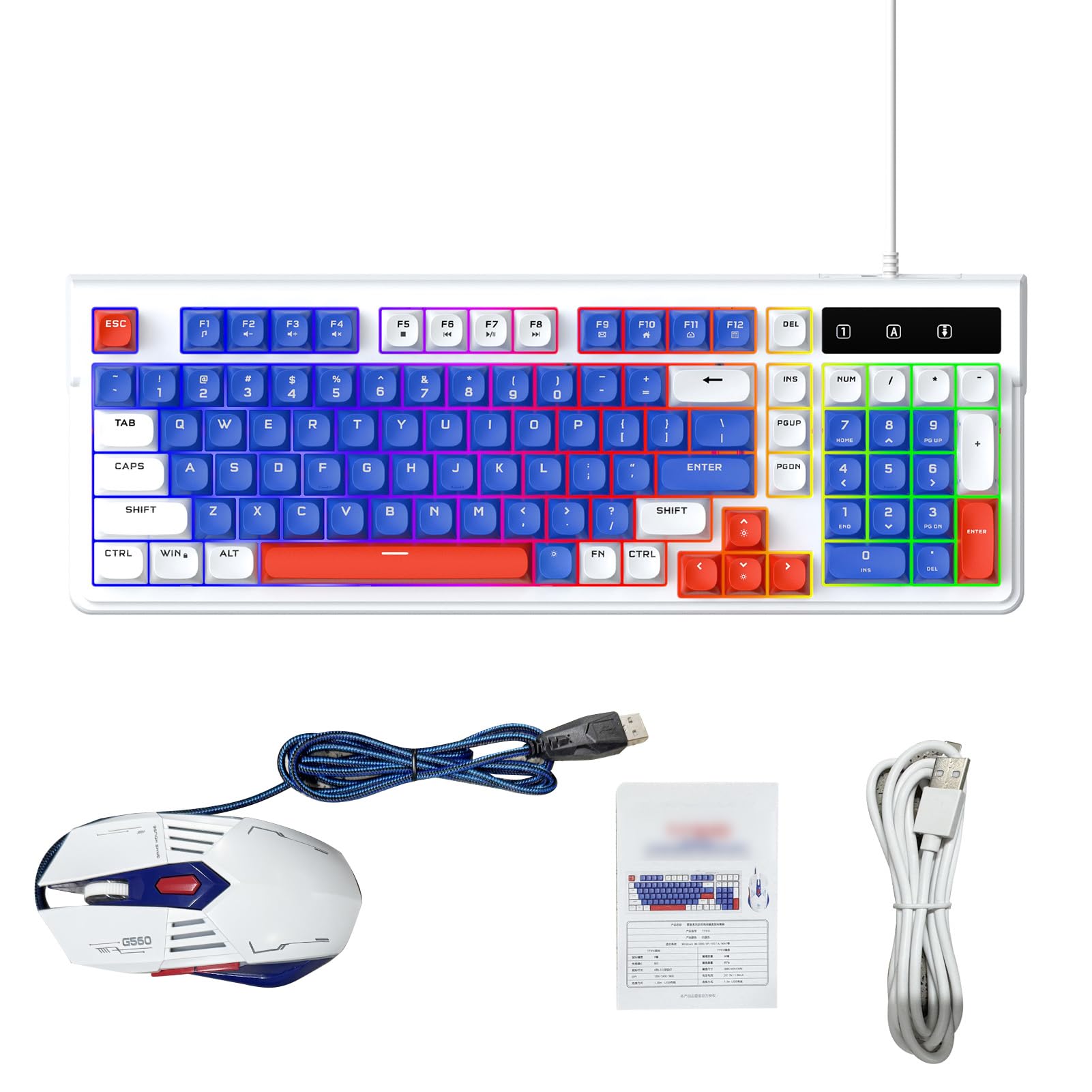 Jiawu Gaming-Tastatur-Maus-Kombination, 7 Anpassbare Lichteffekte, RGB-Tastatur mit Hintergrundbeleuchtung, Kompaktes 98-Tasten-Layout mit Multimedia-Tastenkombinationen für 98SE ME 2000 XP Vista 7