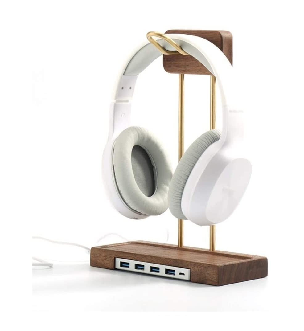 MRKU Kopfhörerständer, Headset-Haken, Tischhalterung aus Holz, Messing, kreatives Regal, Schwarze Walnuss, Kopfhörerablage