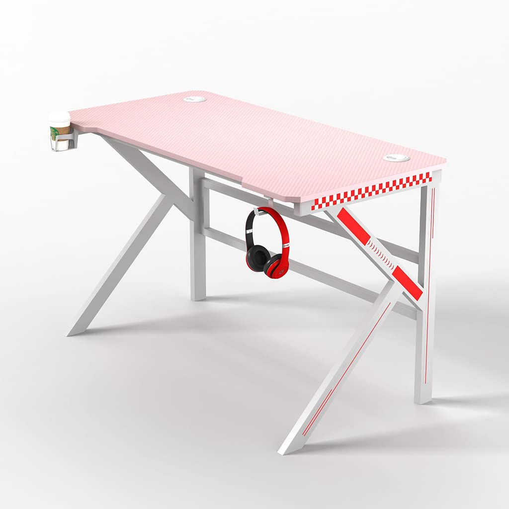 RGB-Gaming-Schreibtisch, ergonomischer PC-Arbeitsplatz, Getränkehalter, Headset-Haken. Stabiles Metall und Holz, rosa, L 80 cm.